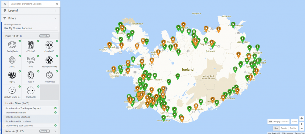 de nombreux chargeurs Tesla sont disponibles à travers l'Islande