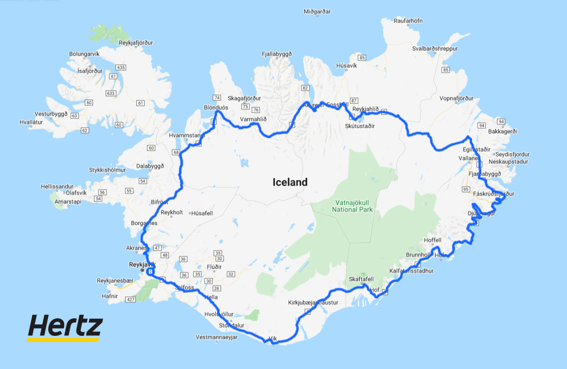 Mapa de la Ruta 1 (carretera de circunvalación) de Islandia.