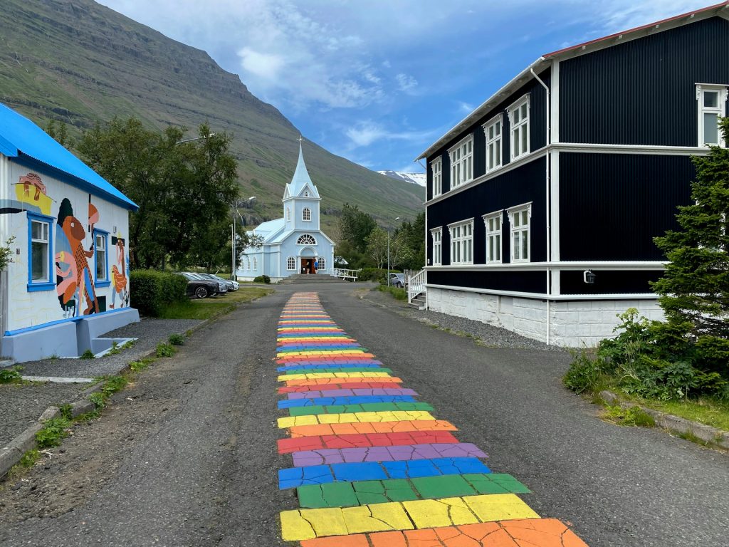 Seydisfjordur blue church is located in the town center