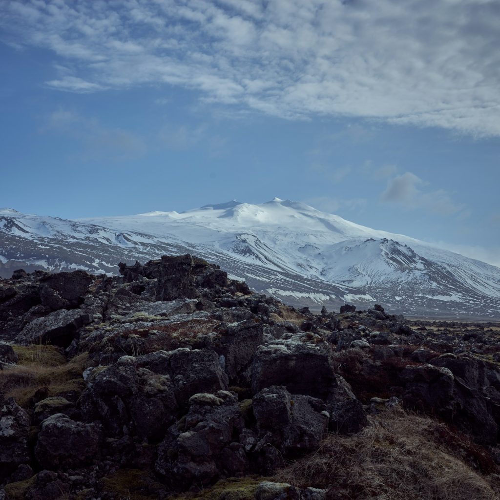 the Snæfellsjökull is a glacier-capped stratovolcano that stands out on the western tip of Iceland's Snæfellsnes peninsula