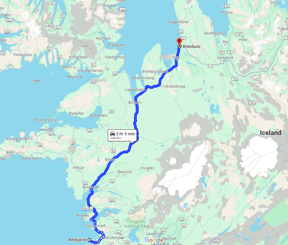 route from Reykjavik to Blondous Iceland town in the North