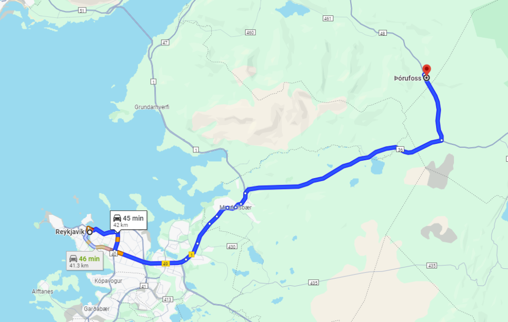 Route map to the filming location of ‘Countryside of Meereen” from Reykjavik