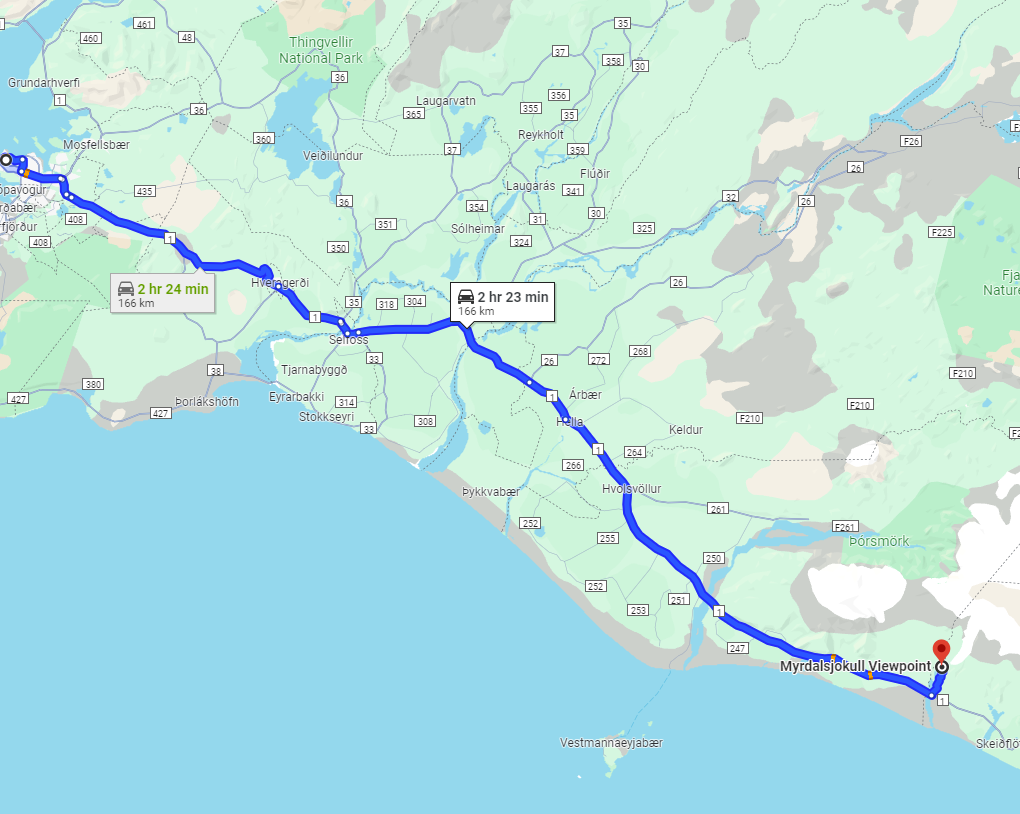 Route map to the filming location of ‘The Fist of the First Men” from Reykjavik