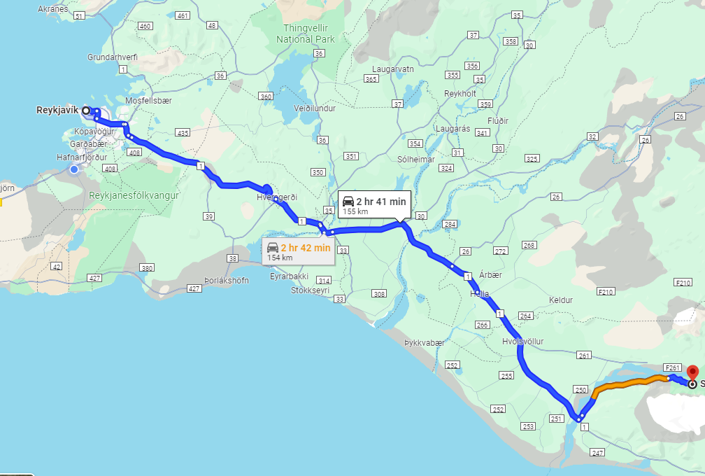 Route map to the filming location of "The Quest to Catch a Wight" from Reykjavik