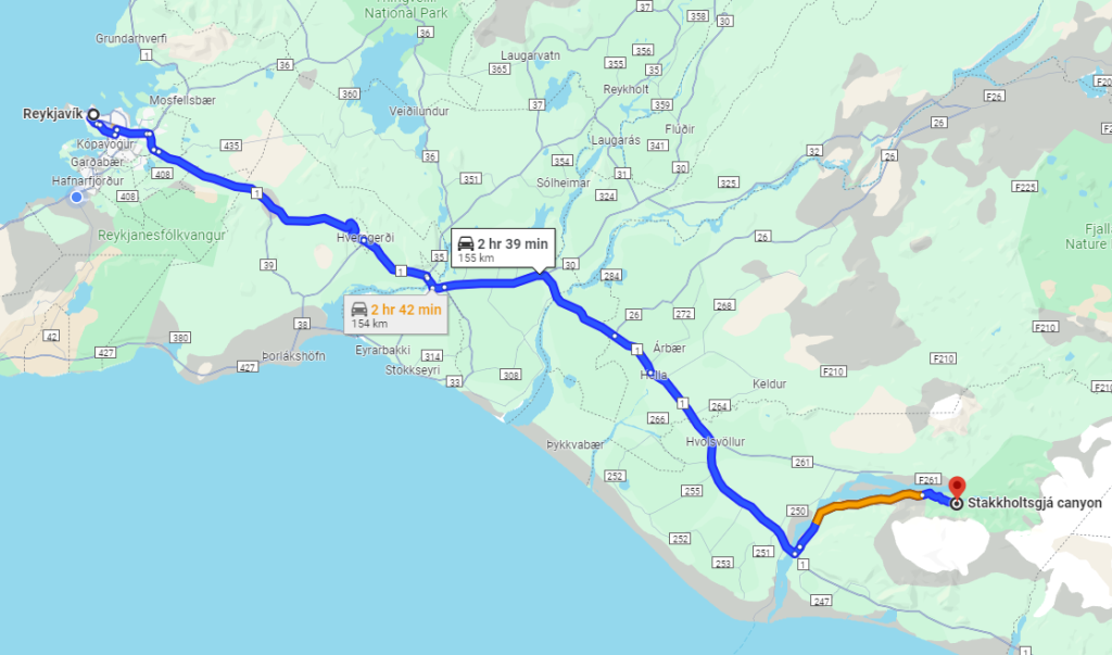 Route map to the filming location of ‘Catching a Wight” from Reykjavik