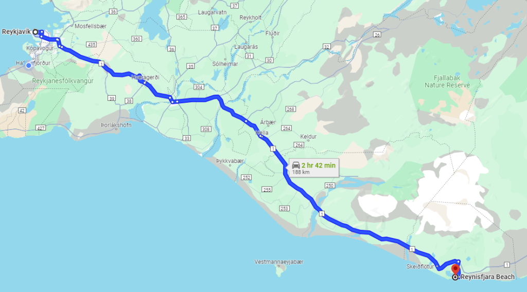 Route map to the filming location of ‘Eastwatch-By-the-Sea” from Reykjavik 