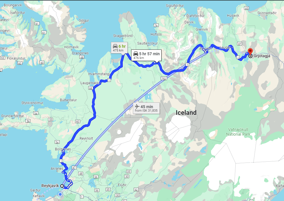 Route map to the filming location of ‘Ygritte & Jon's Love Cave” from Reykjavik