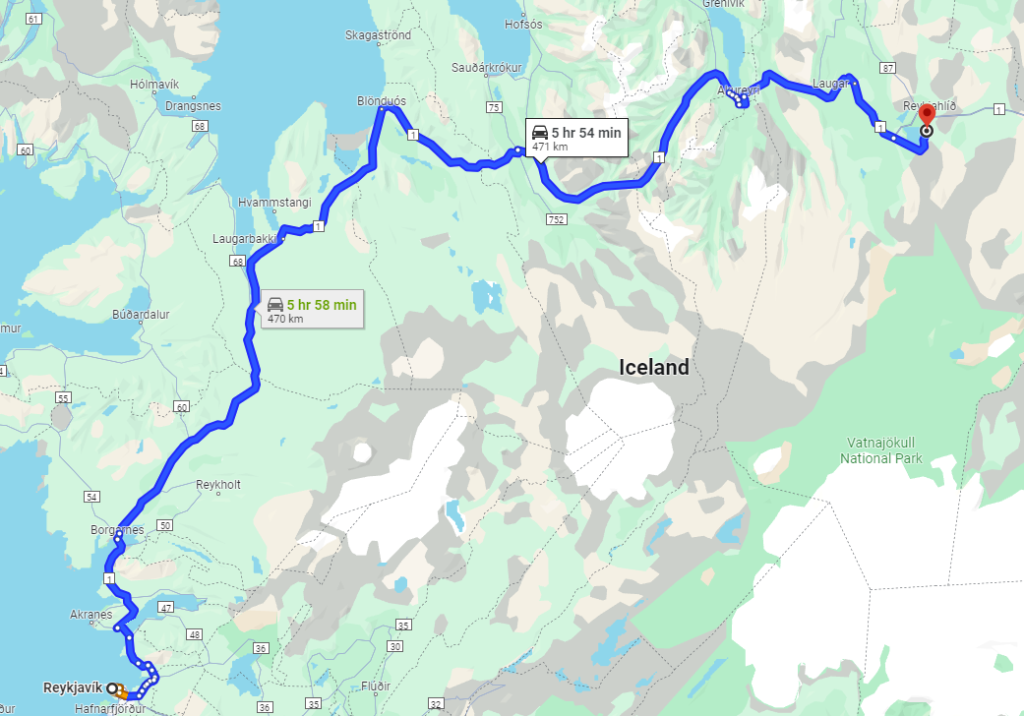 Route map to the filming location of ‘Rayder’s Wildling Camp” from Reykjavik