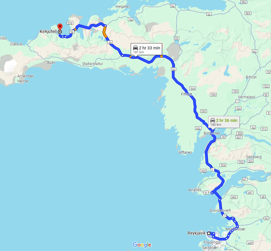 Route map to the filming location of ‘The Mountain Shaped like an Arrowhead” from Reykjavik