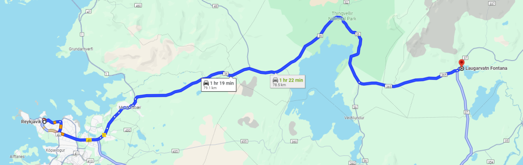 Route from Reykjavik to Laugarvatn