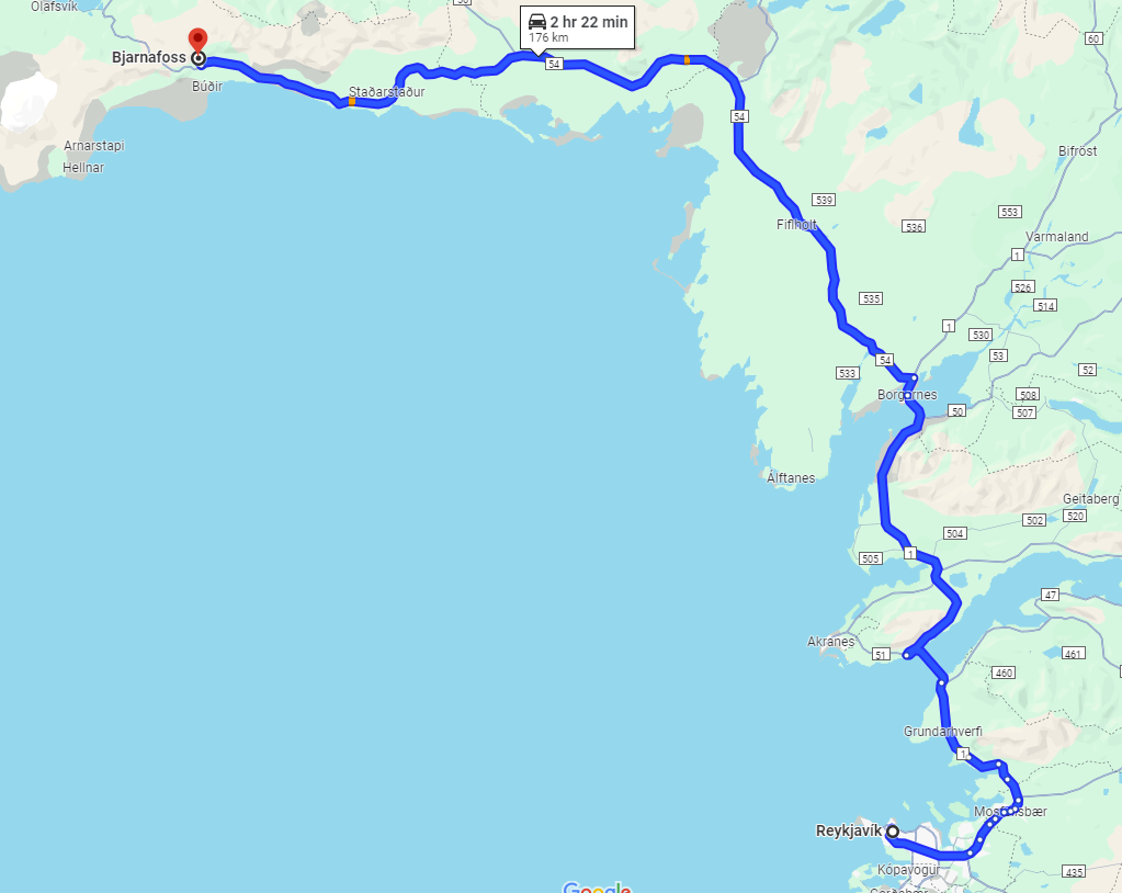 route from Reykjavik to Bjarnarfoss waterfall in Iceland