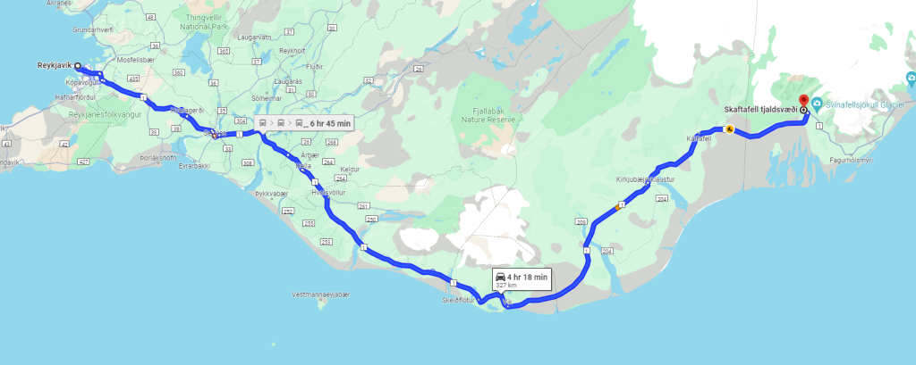 location of  Skaftafell Campsite in Iceland