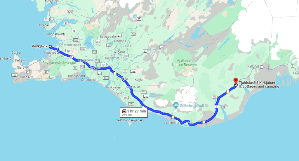 the location of Kirkjubær II Campsite South Iceland