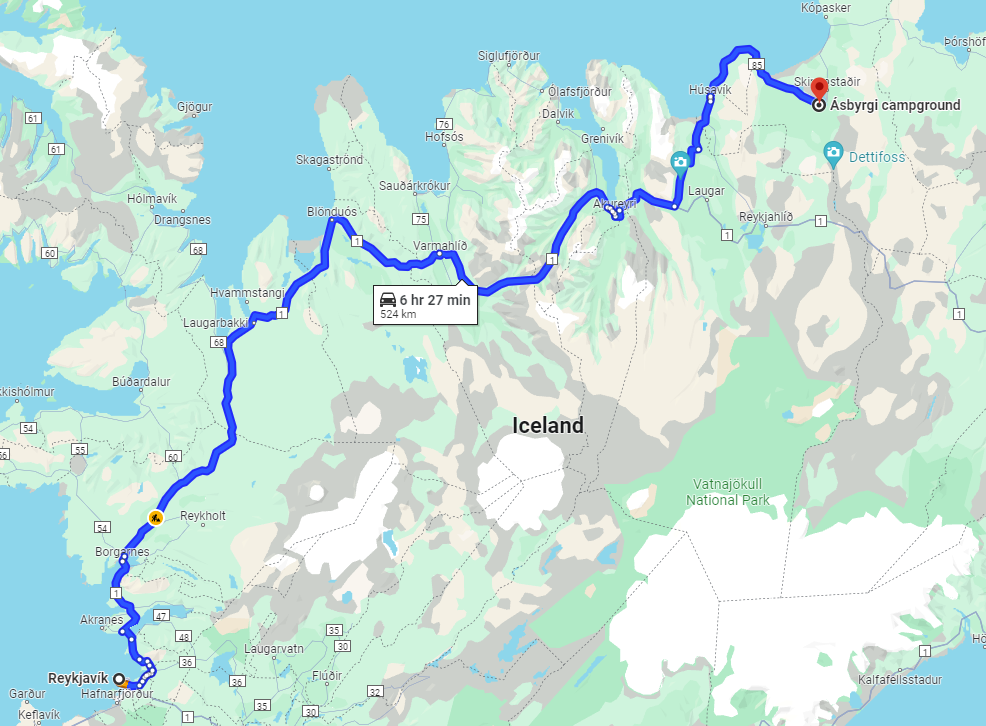 Route from Reykjavik to Ásbyrgi campground in North Iceland