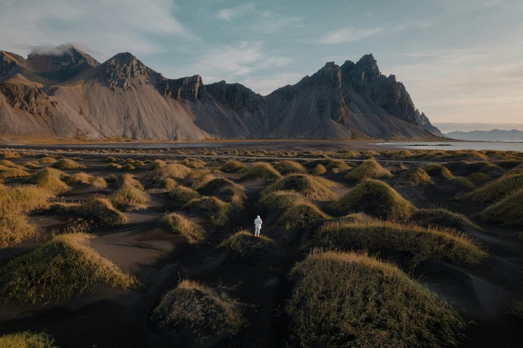 a summer view of the Stokksnes black sand beach