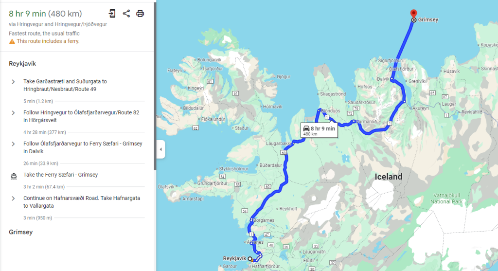 Route from Reykjavik to Grimsey
