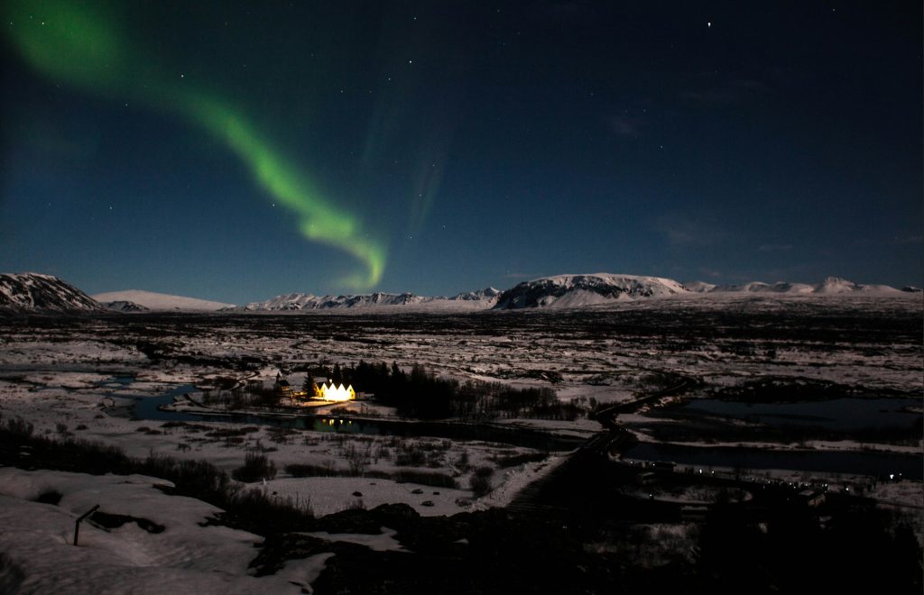 Northern light in Thingvellir National Park golden circle iceland