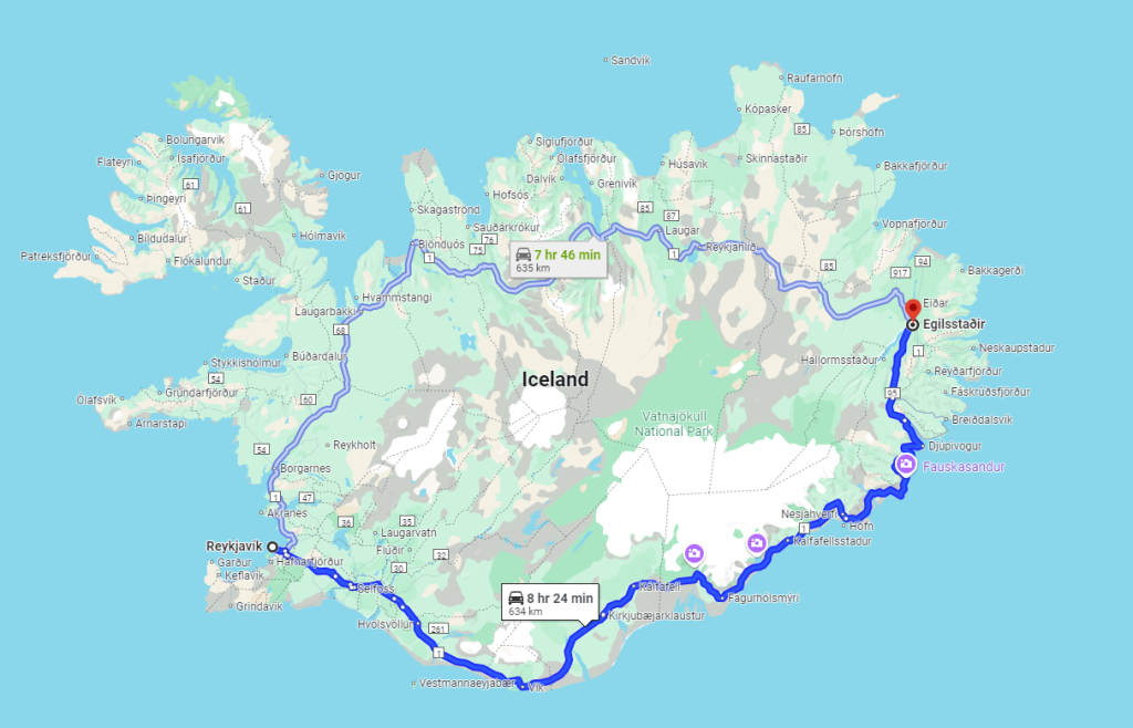 From Reykjavik to East Iceland via ring road by car the route