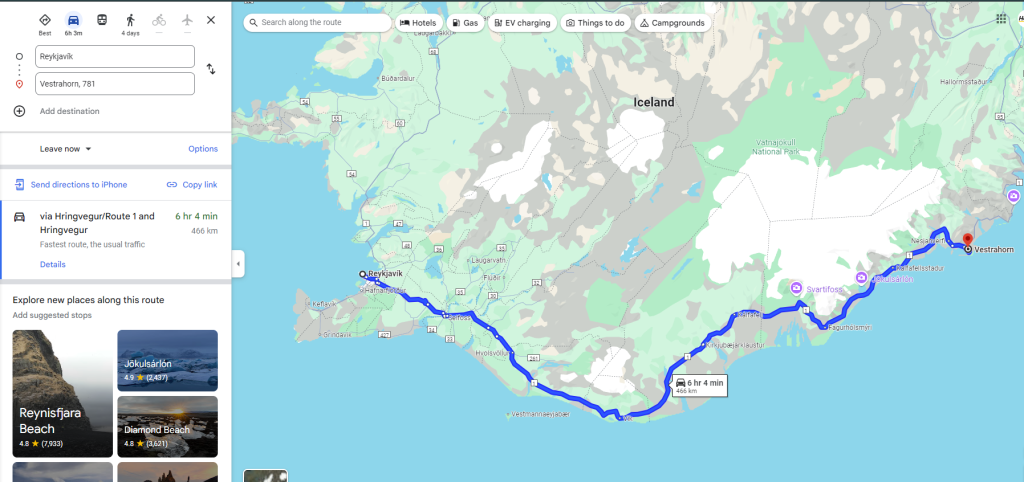 route from Reykjavik to Vestrahorn mountain Iceland