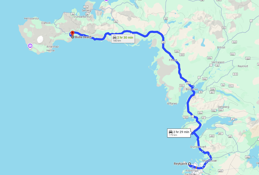 map of Búða Beach in west Iceland