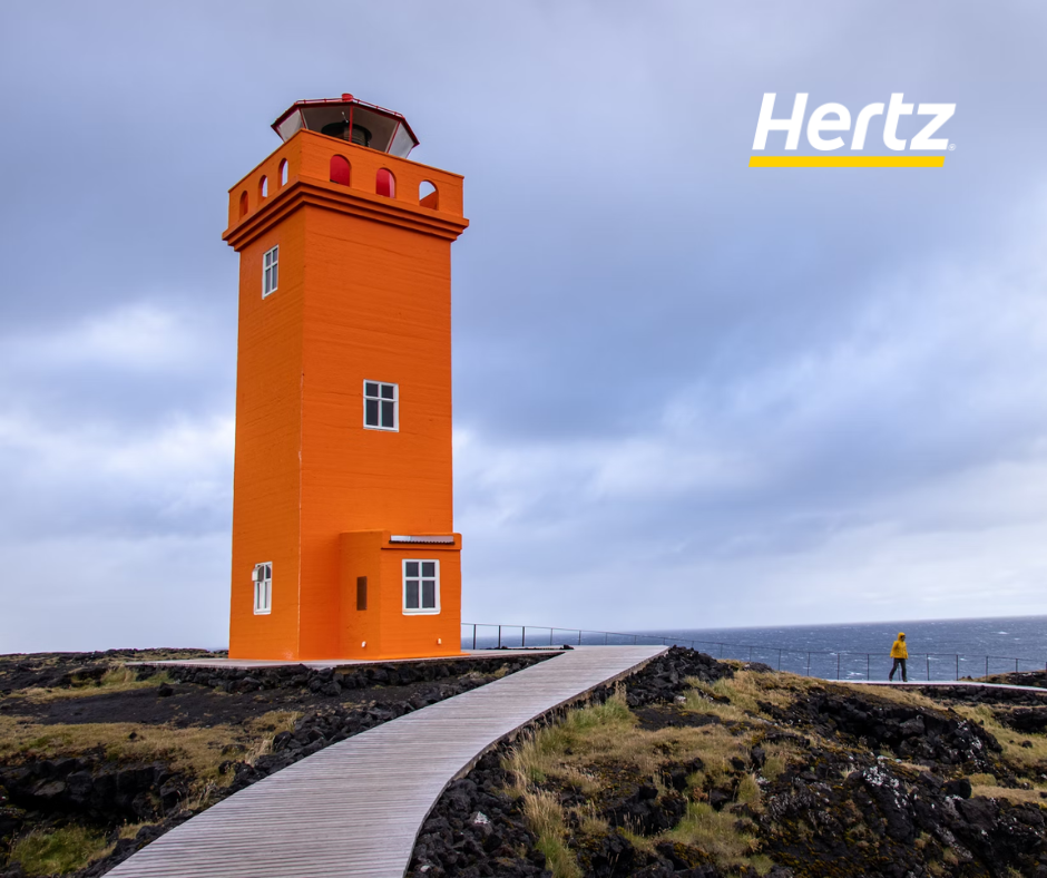 The Bright Orange Lighthouse, known as Svörtuloft Lighthouse, is located on the Snæfellsnes Peninsula in Iceland.