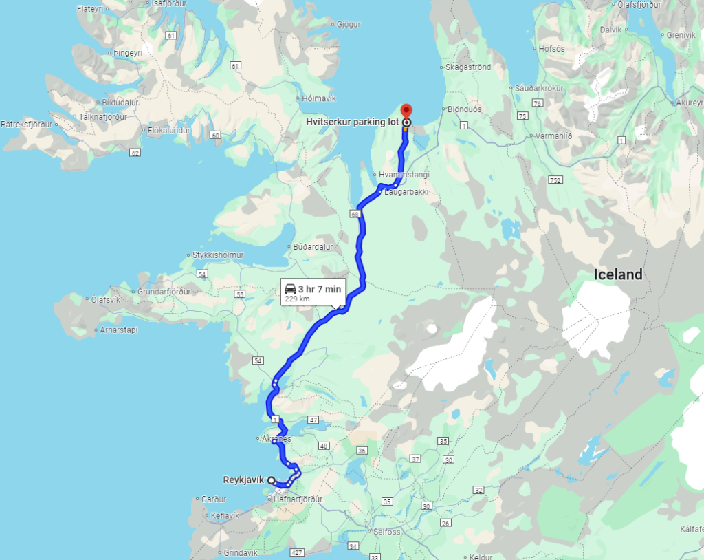 route from Reykjavik to hvisterkur beach in north