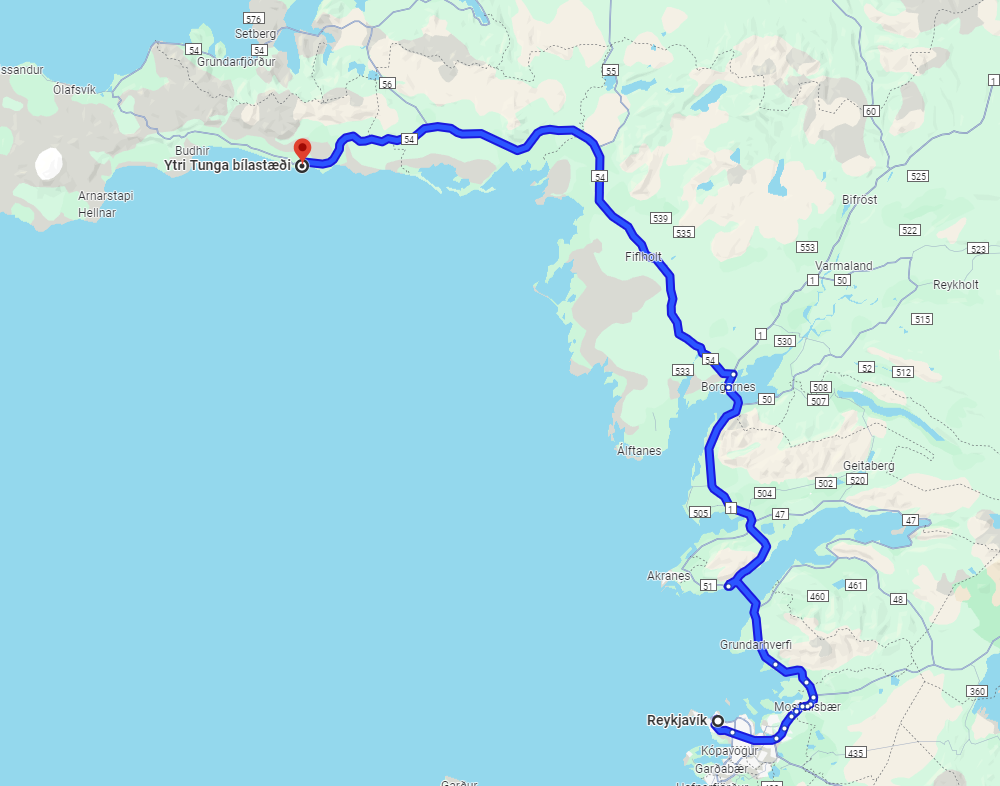 route from Reykjavik to Ytri Tunga Beach in west iceland