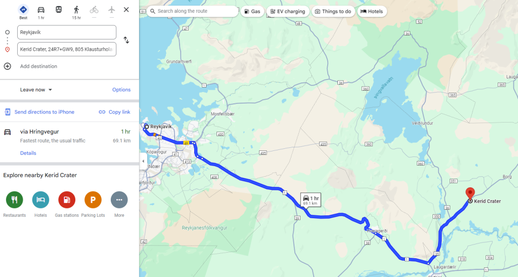 route from Reykjavik to Kerid crater Iceland