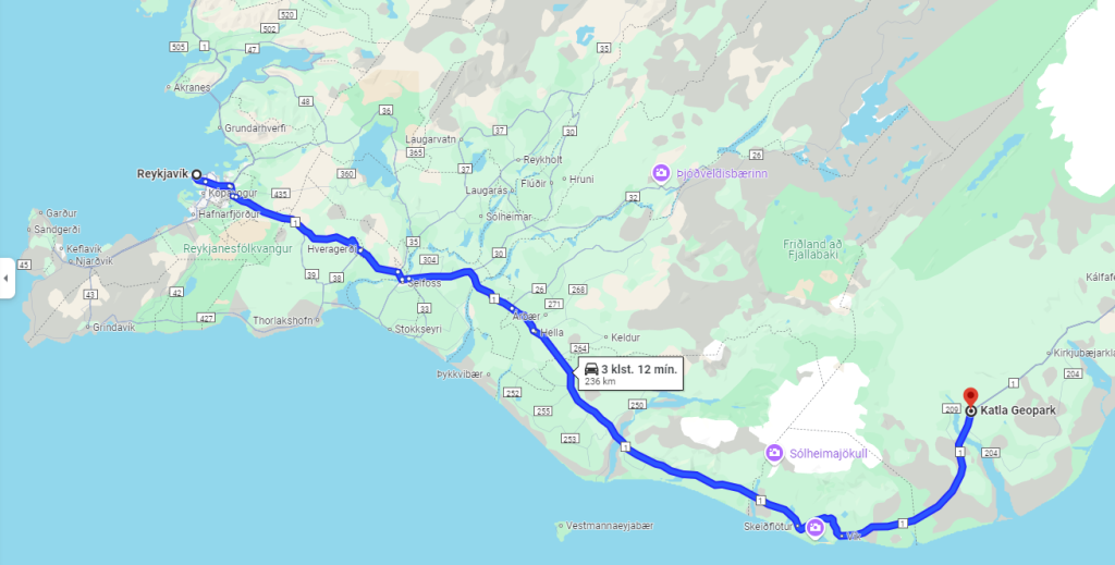 route from reykjavik to the Katla ice cave car park