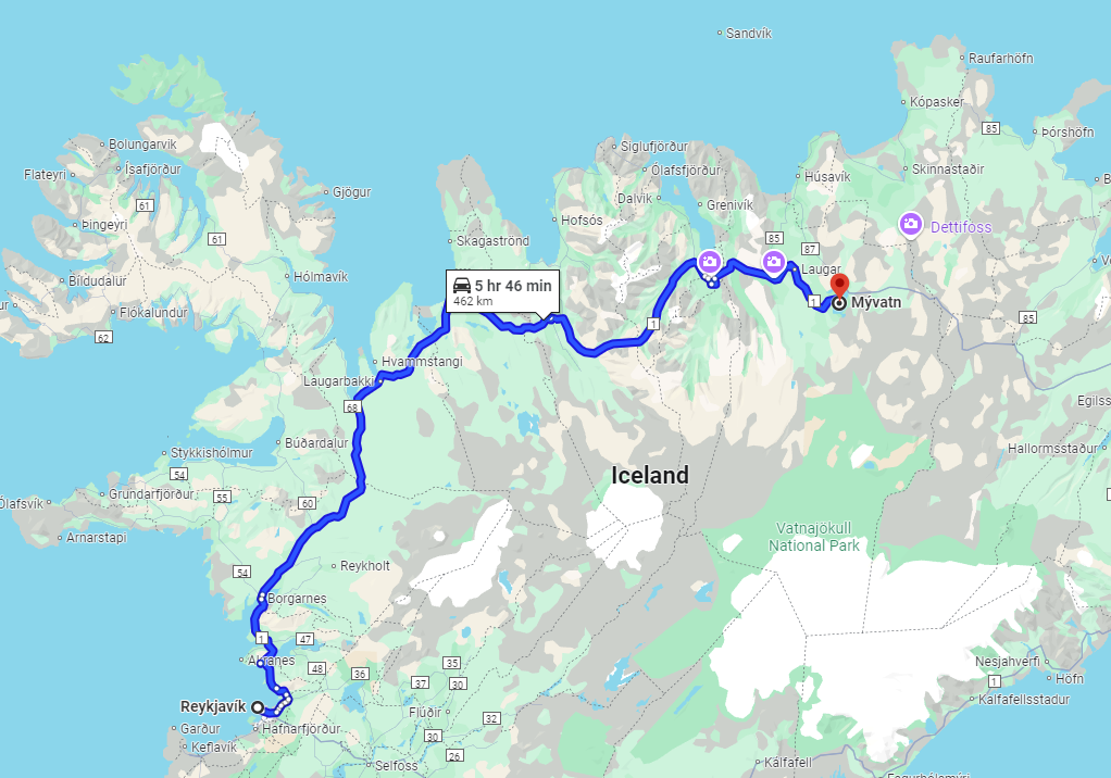 driving route from reykjavik to myvatn, at least 6 hours needed