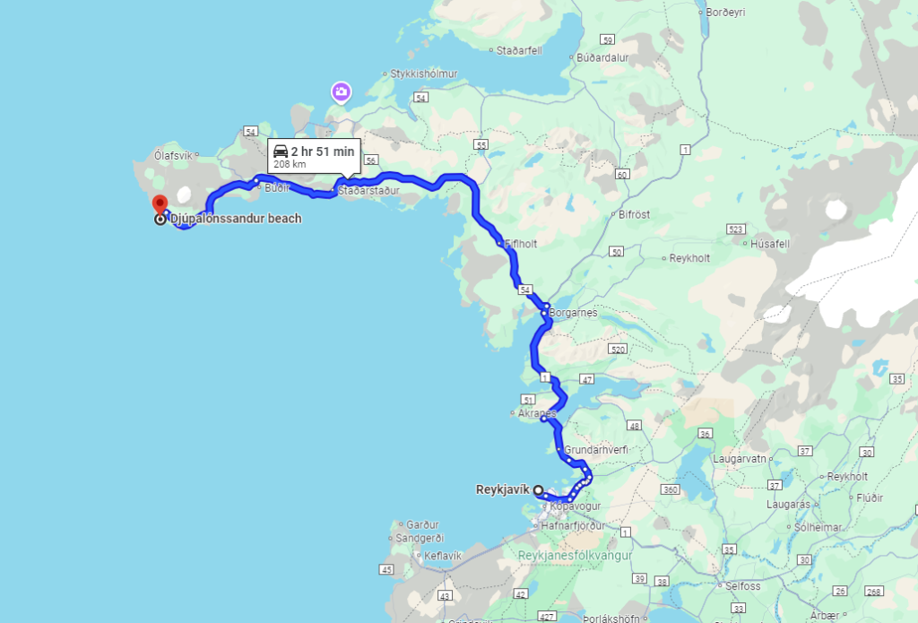 route from Reykjavik to  Djúpalónssandur beach in west iceland