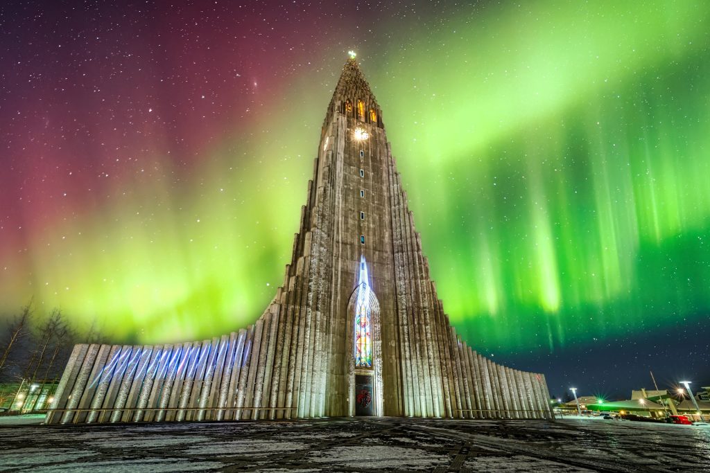 winter Iceland capital Reyjavik with northern light