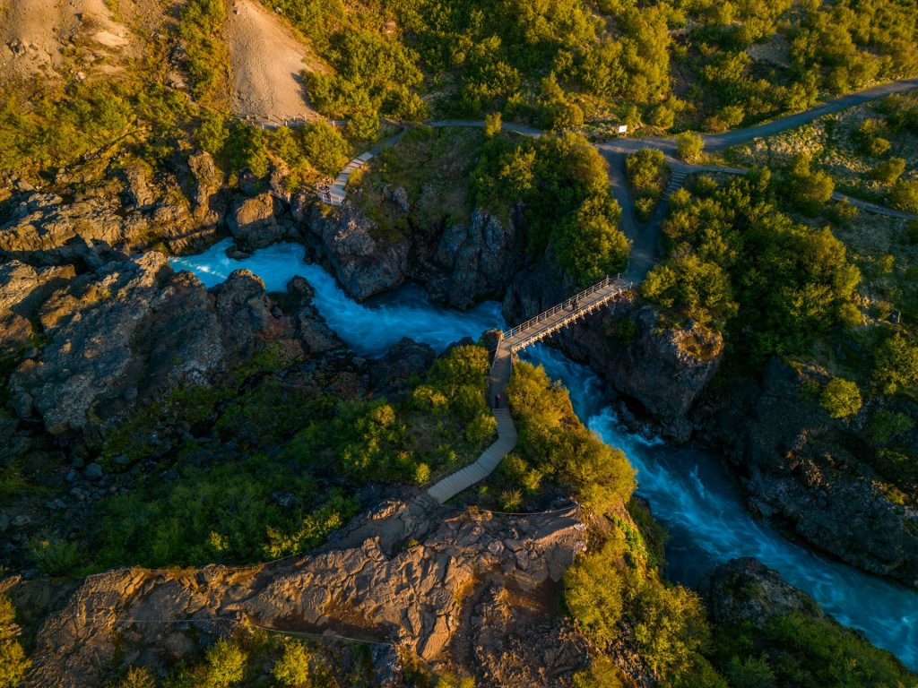 A drone view of Barnafoss in West Iceland