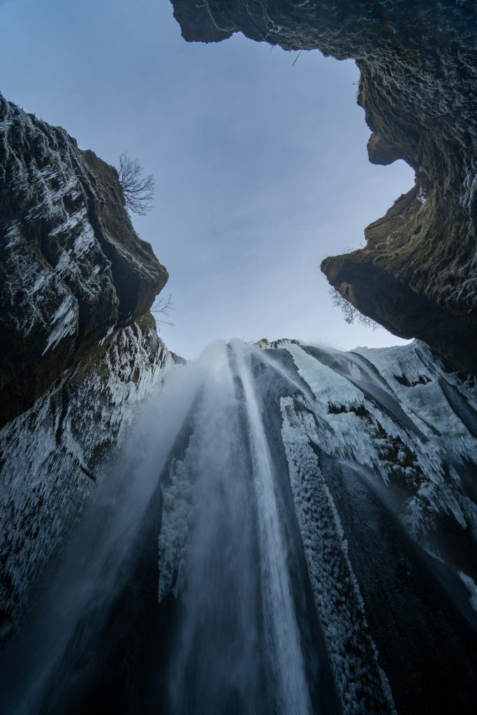 the winter view of Gljúfrabúi waterfall in south Iceland